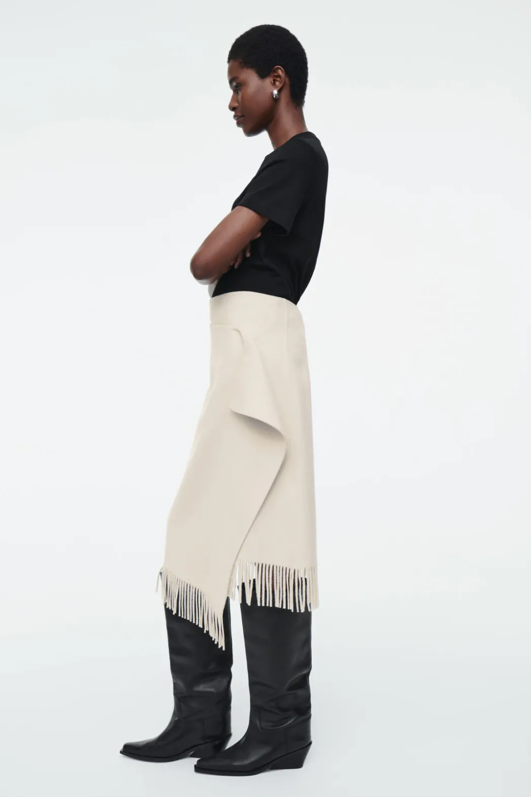New COS FRINGED WOOL MIDI WRAP SKIRT WHITE