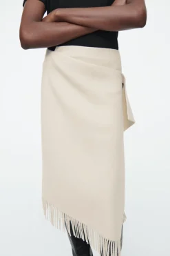 New COS FRINGED WOOL MIDI WRAP SKIRT WHITE