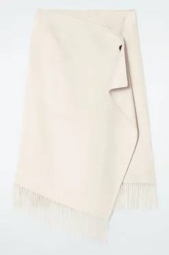 New COS FRINGED WOOL MIDI WRAP SKIRT WHITE