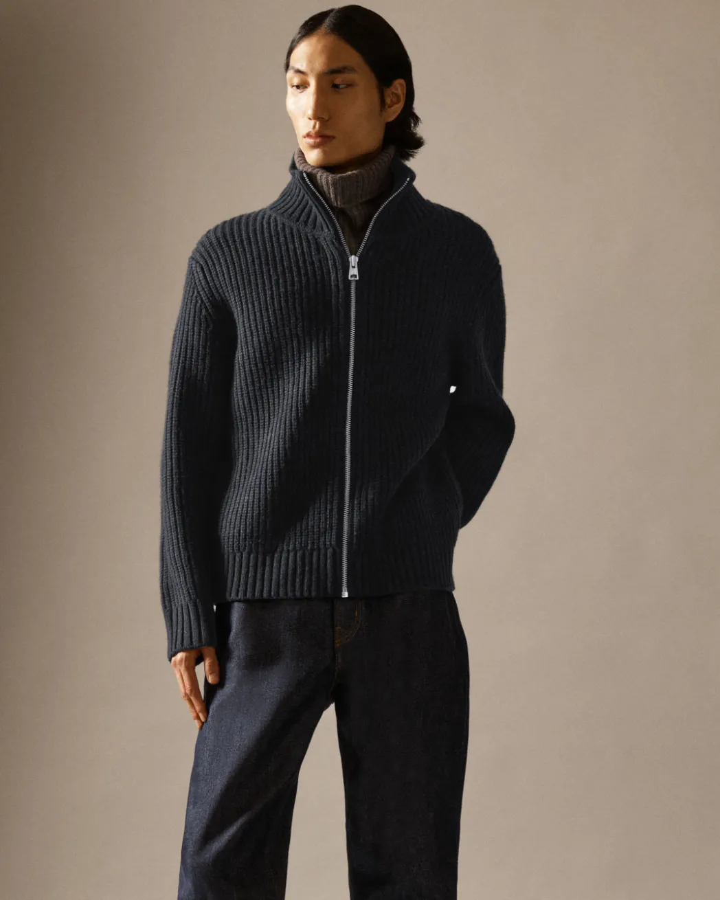 New COS FUNNEL-NECK KNITTED WOOL JACKET NAVY