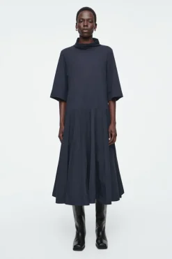 Discount COS FUNNEL-NECK PANELED MIDI DRESS NAVY