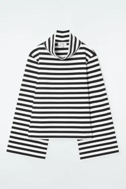Discount COS FUNNEL-NECK STRIPED LONG-SLEEVED T-SHIRT BLACK / WHITE / STRIPED