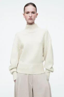 Clearance COS FUNNEL-NECK WAISTED WOOL SWEATER CREAM