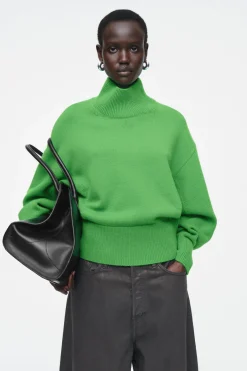 COS FUNNEL-NECK WAISTED WOOL SWEATER GREEN