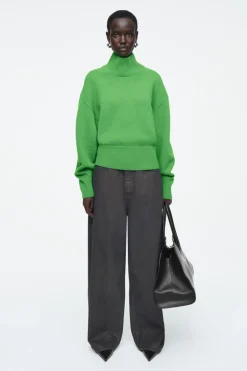 COS FUNNEL-NECK WAISTED WOOL SWEATER GREEN