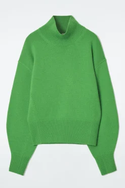 COS FUNNEL-NECK WAISTED WOOL SWEATER GREEN