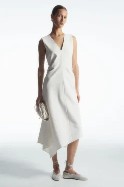 Discount COS GATHERED ASYMMETRIC MIDI DRESS WHITE