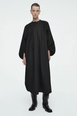 New COS GATHERED BALLOON-SLEEVE MIDI DRESS BLACK