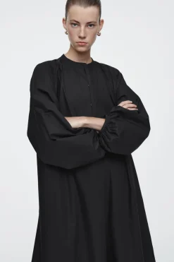 New COS GATHERED BALLOON-SLEEVE MIDI DRESS BLACK