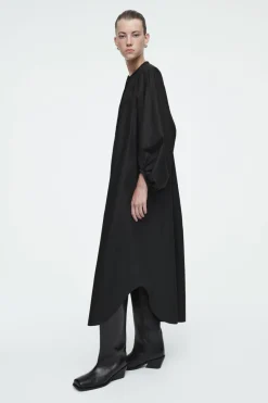 New COS GATHERED BALLOON-SLEEVE MIDI DRESS BLACK