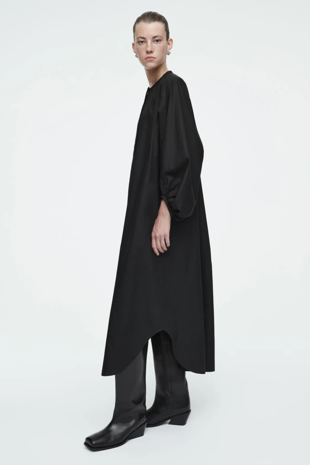 New COS GATHERED BALLOON-SLEEVE MIDI DRESS BLACK