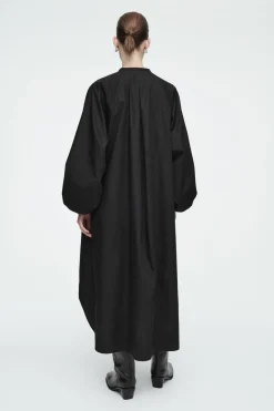 New COS GATHERED BALLOON-SLEEVE MIDI DRESS BLACK
