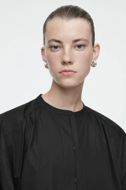 New COS GATHERED BALLOON-SLEEVE MIDI DRESS BLACK