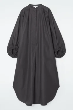 New COS GATHERED BALLOON-SLEEVE MIDI DRESS BLACK