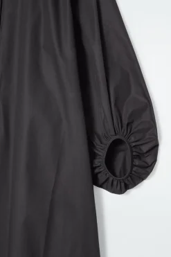 New COS GATHERED BALLOON-SLEEVE MIDI DRESS BLACK