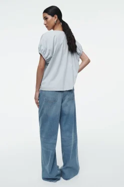 Sale COS GATHERED COTTON BLOUSE LIGHT BLUE