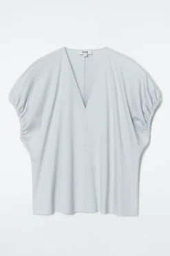 Sale COS GATHERED COTTON BLOUSE LIGHT BLUE