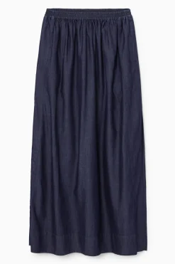 Online COS GATHERED DENIM MAXI SKIRT DARK BLUE