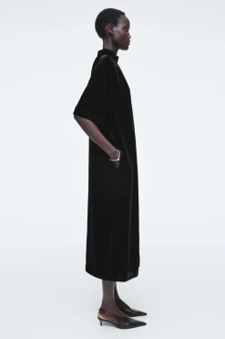 Discount COS GATHERED SILK-BLEND VELVET MIDI DRESS BLACK
