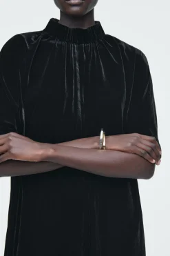 Discount COS GATHERED SILK-BLEND VELVET MIDI DRESS BLACK