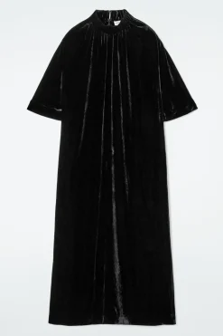 Discount COS GATHERED SILK-BLEND VELVET MIDI DRESS BLACK