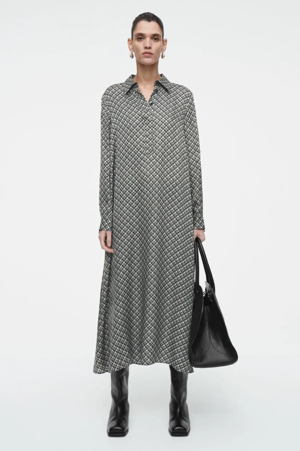 COS GEOMETRIC-PRINT MAXI SHIRT DRESS DARK GREEN / PRINTED