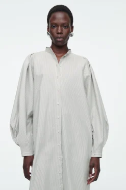 Sale COS GRANDAD-COLLAR MIDI SHIRT DRESS BEIGE / STRIPED