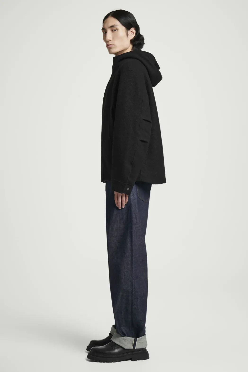 Discount COS HOODED BOILED WOOL PARKA JACKET BLACK