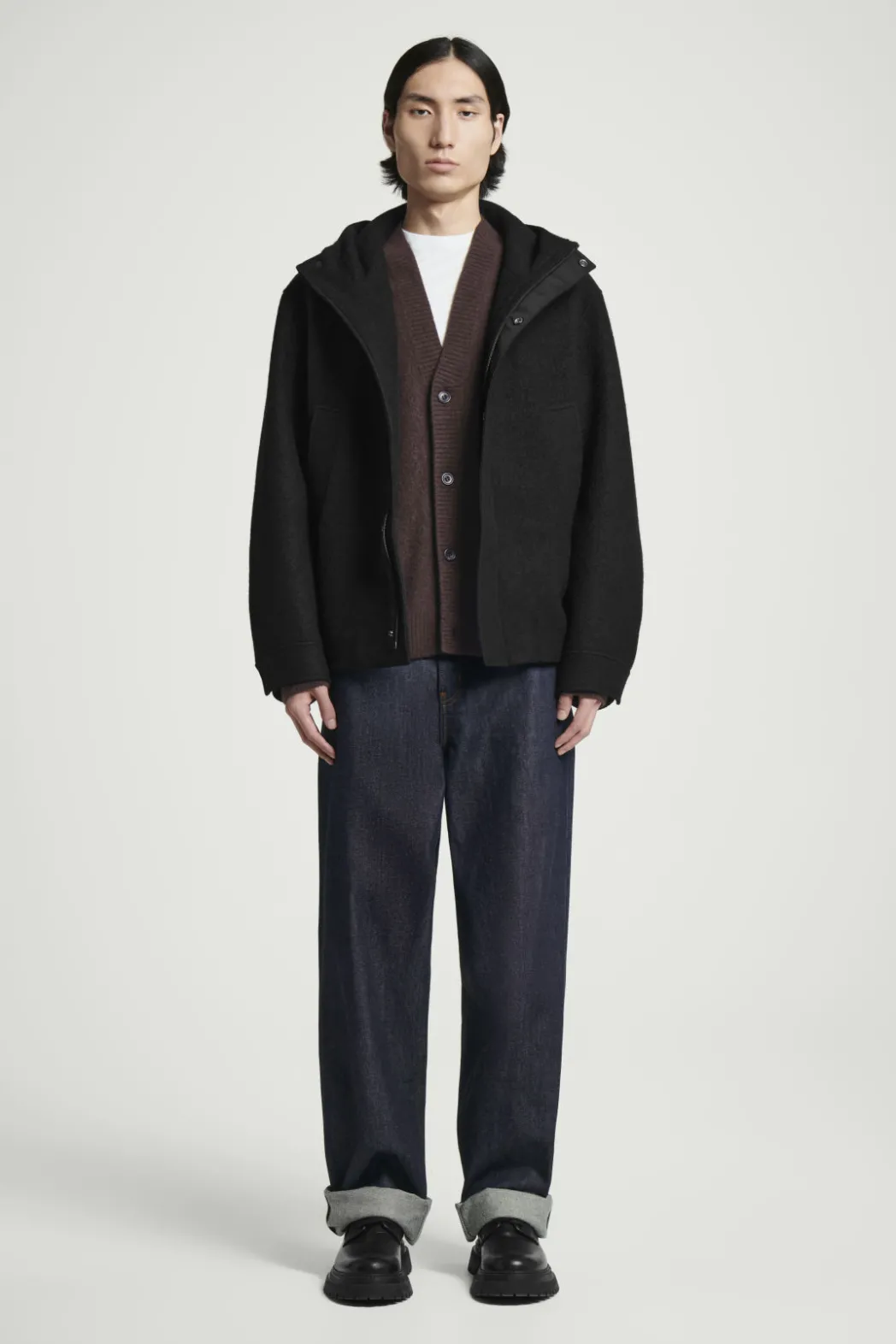 Discount COS HOODED BOILED WOOL PARKA JACKET BLACK