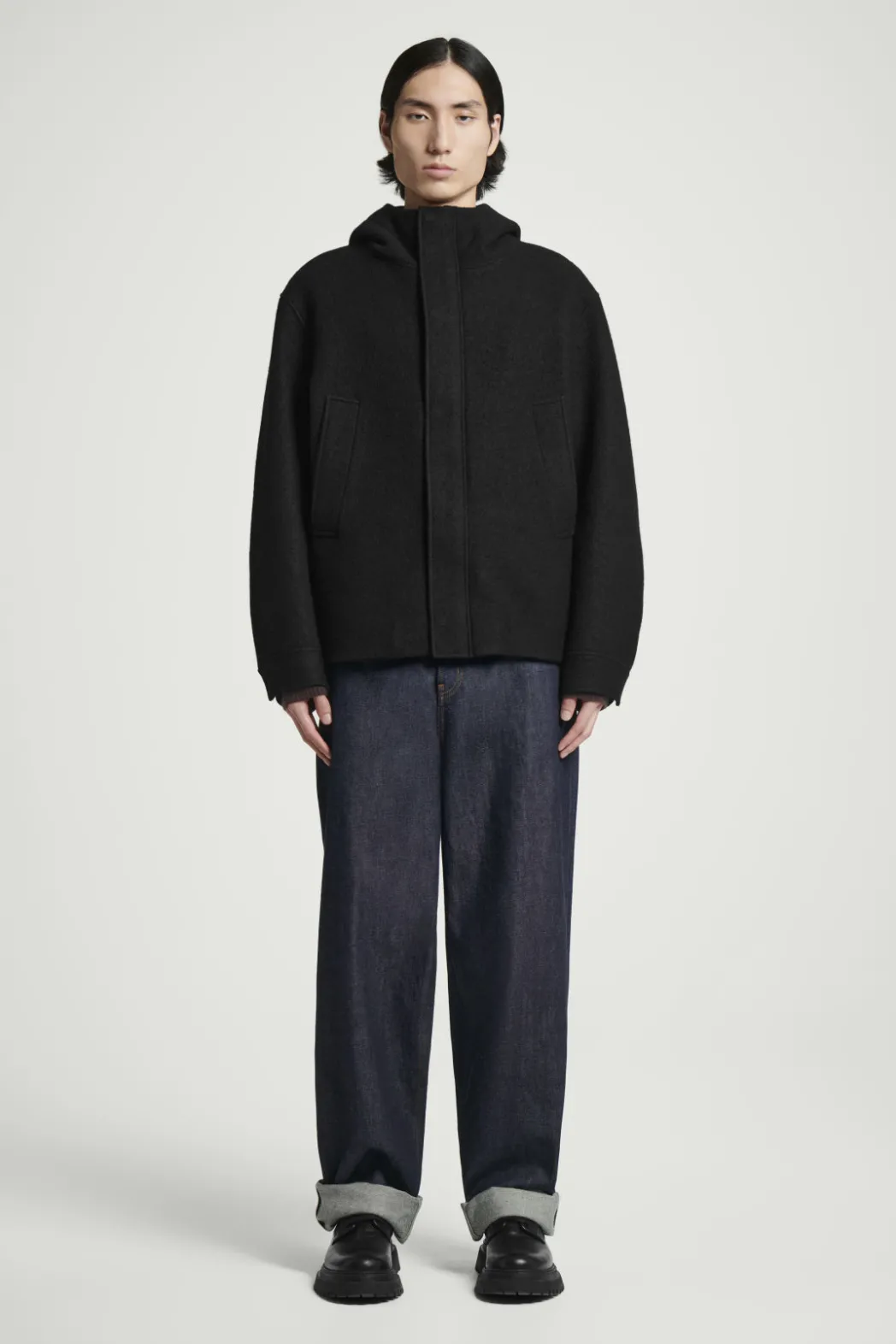 Discount COS HOODED BOILED WOOL PARKA JACKET BLACK