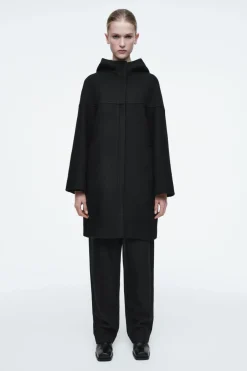 Outlet COS HOODED BOILED-WOOL COAT BLACK