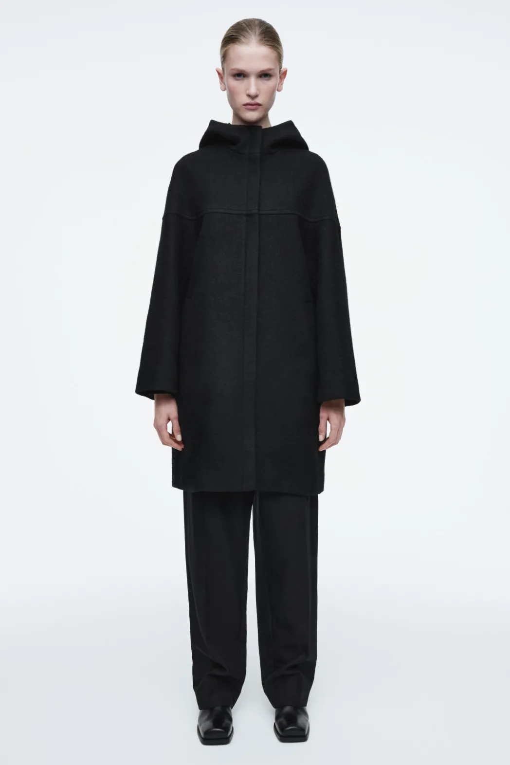 Outlet COS HOODED BOILED-WOOL COAT BLACK