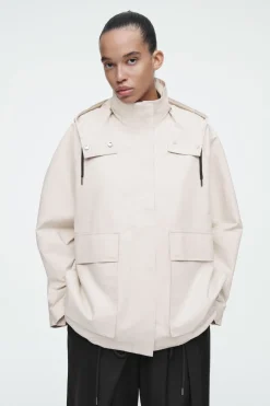 Sale COS HOODED COTTON UTILITY JACKET LIGHT BEIGE