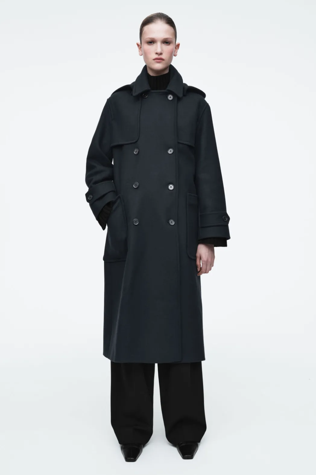 Hot COS HOODED WOOL DUFFLE COAT NAVY