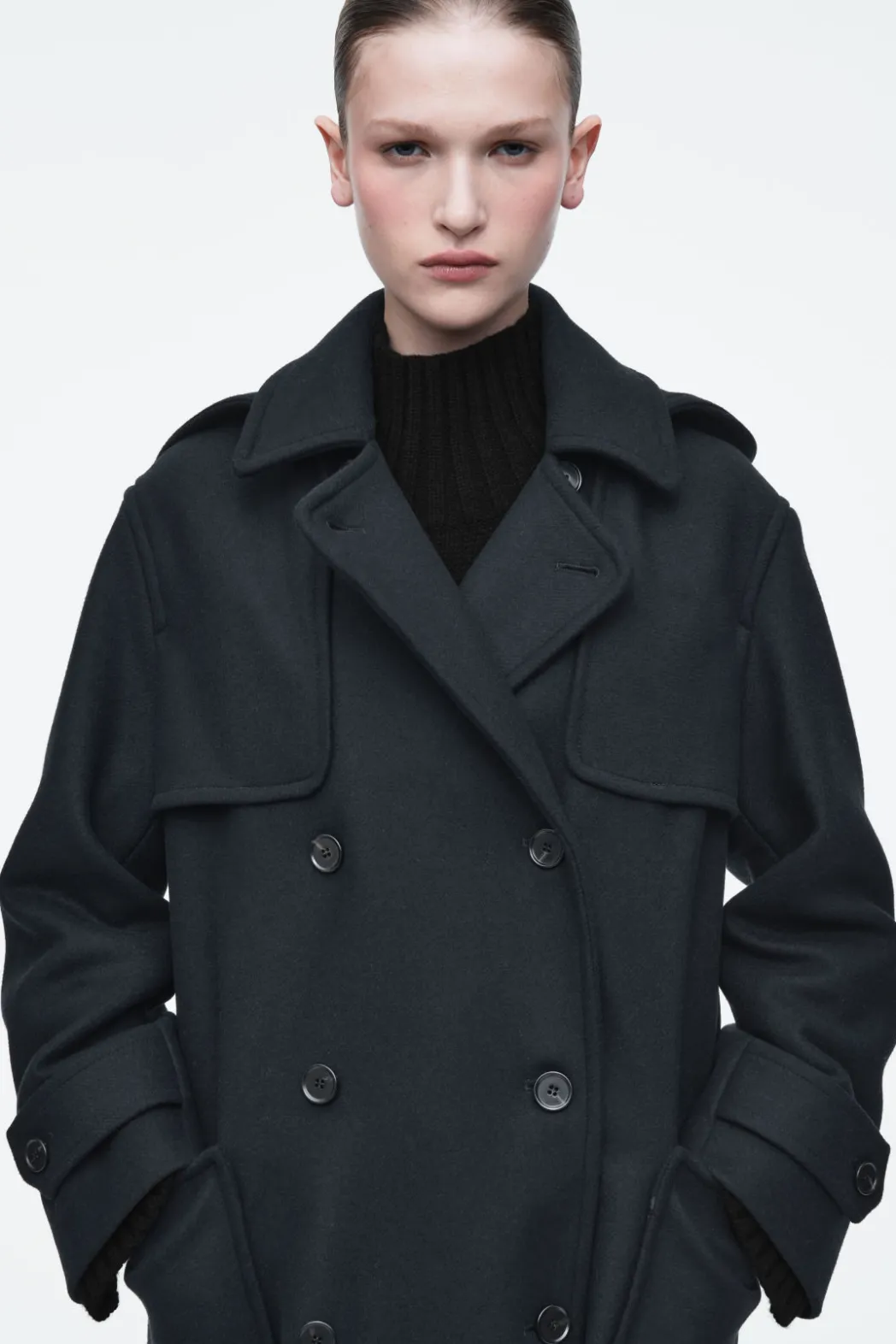 Hot COS HOODED WOOL DUFFLE COAT NAVY
