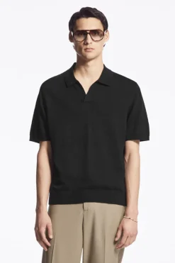 New COS KNITTED LINEN POLO SHIRT BLACK