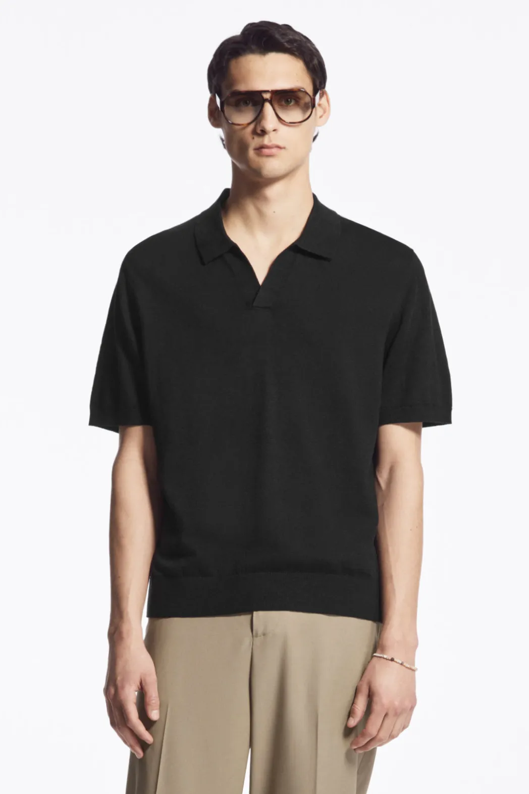 New COS KNITTED LINEN POLO SHIRT BLACK