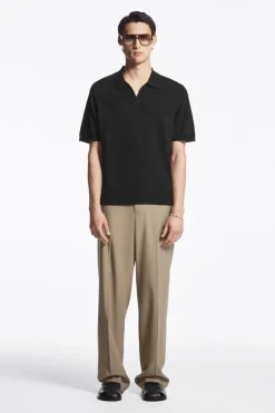 New COS KNITTED LINEN POLO SHIRT BLACK