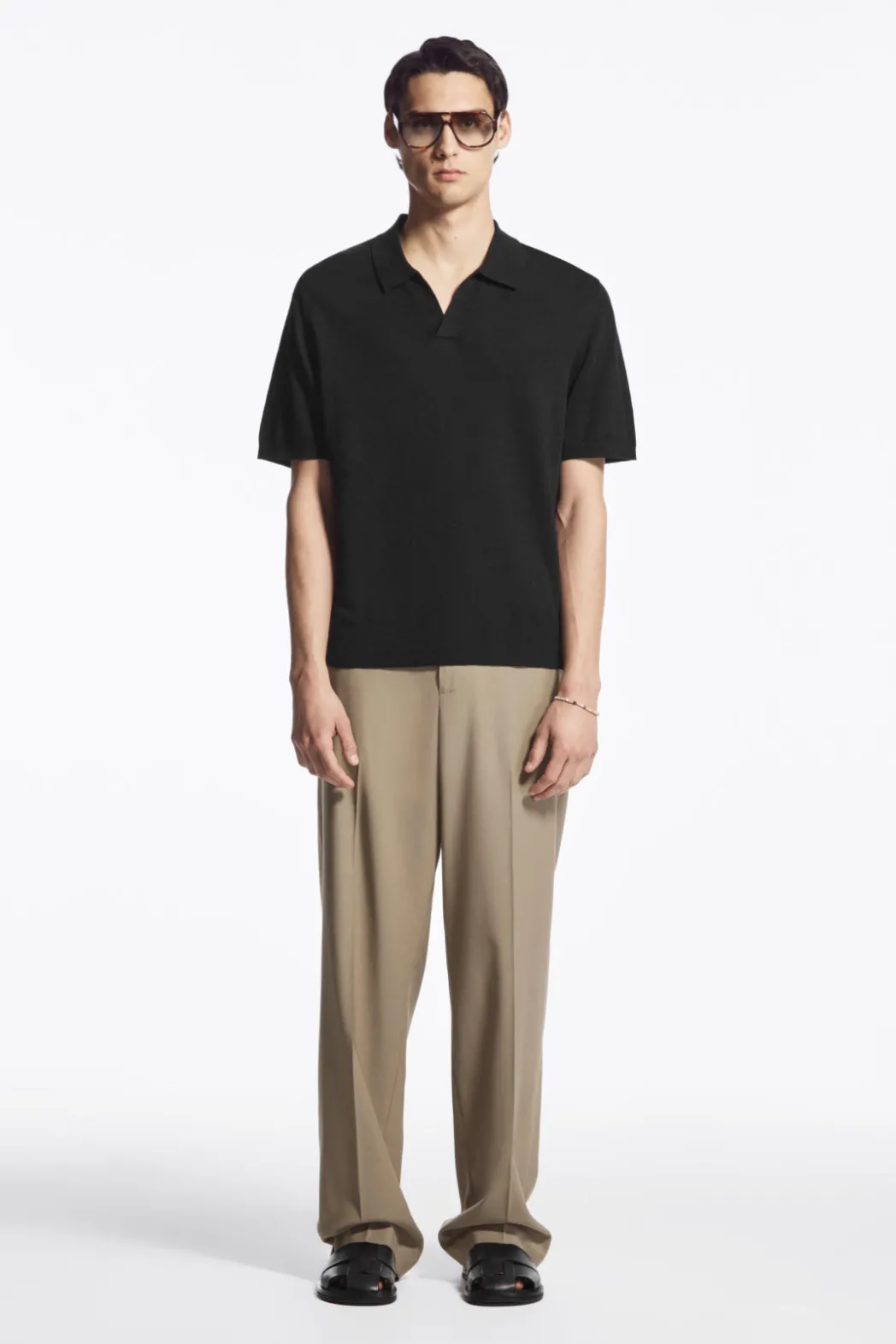 New COS KNITTED LINEN POLO SHIRT BLACK