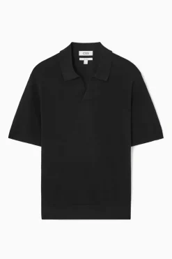 New COS KNITTED LINEN POLO SHIRT BLACK