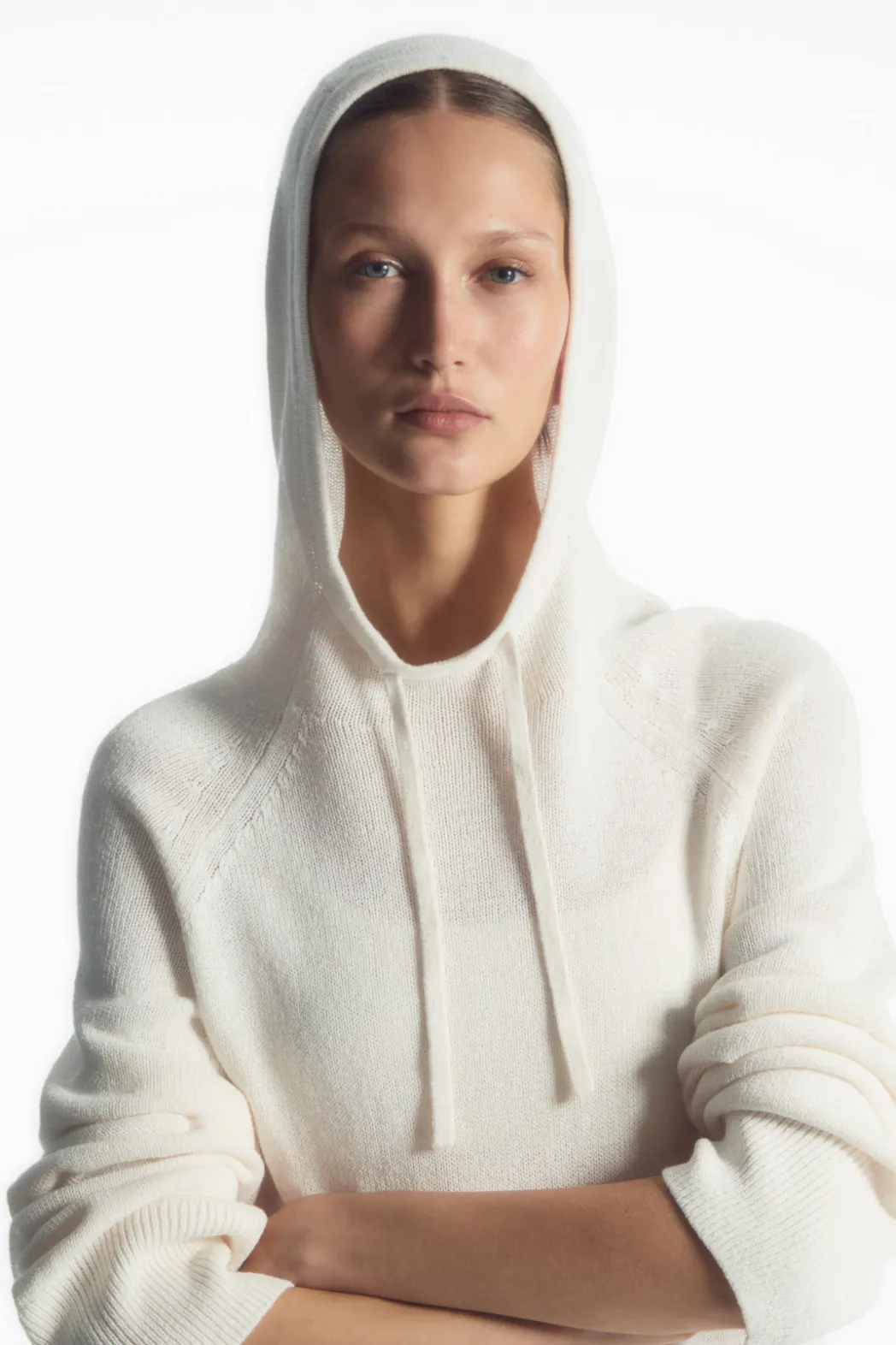 Sale COS KNITTED LINEN-BLEND HOODIE WHITE
