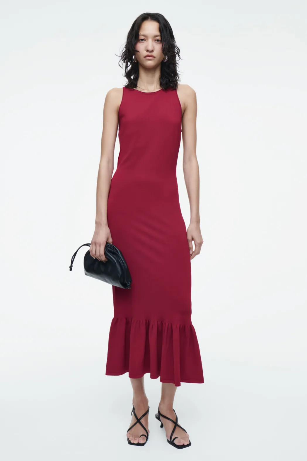 Best COS KNITTED RUFFLED-HEM MIDI DRESS DARK RED