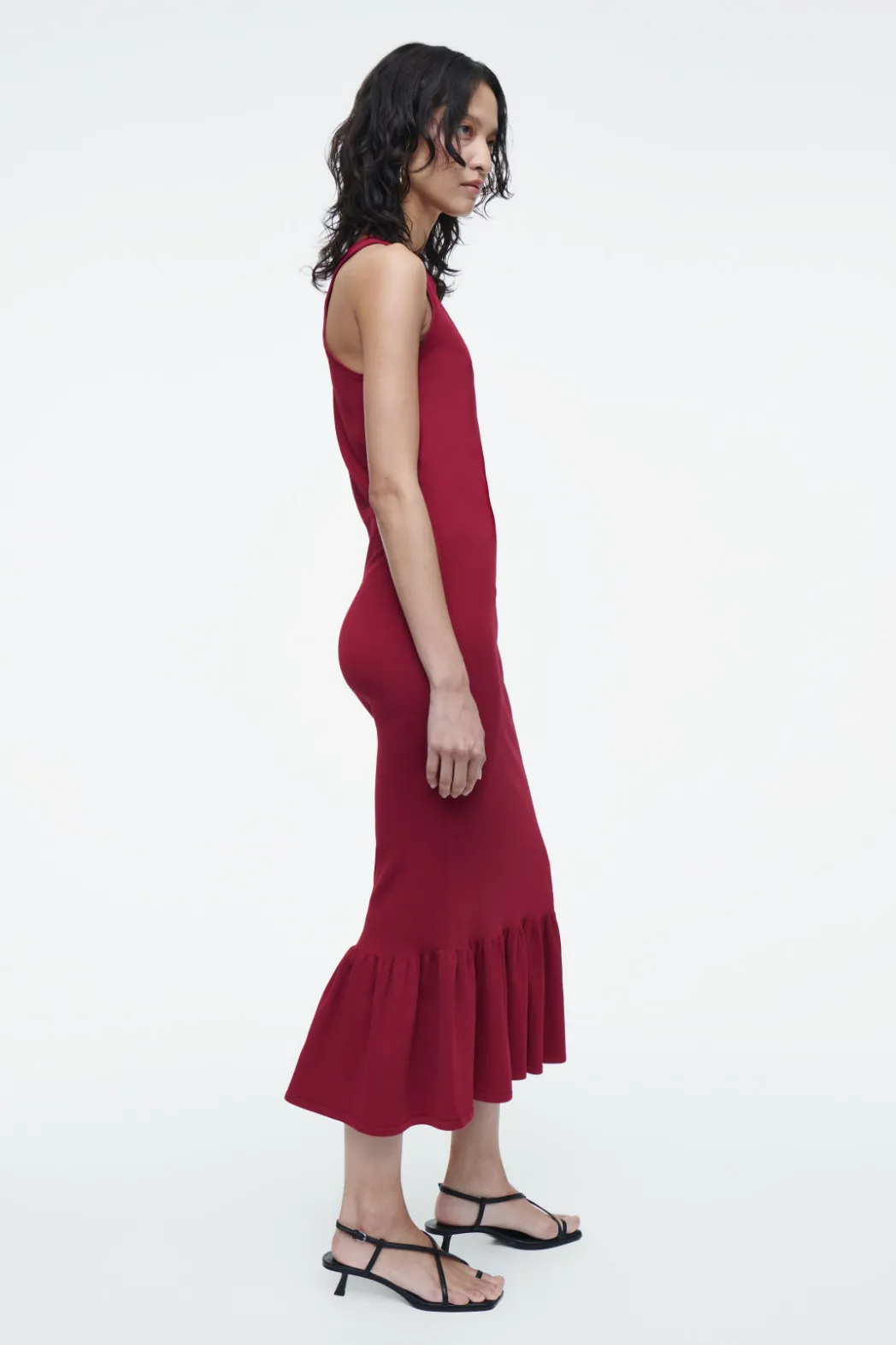 Best COS KNITTED RUFFLED-HEM MIDI DRESS DARK RED