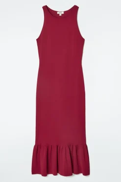 Best COS KNITTED RUFFLED-HEM MIDI DRESS DARK RED