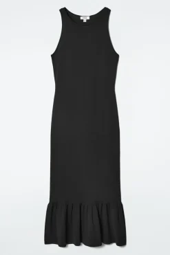Online COS KNITTED RUFFLED-HEM MIDI DRESS BLACK