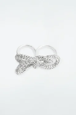 COS KNOTTED BOW CRYSTAL DOUBLE-FINGER RING SILVER