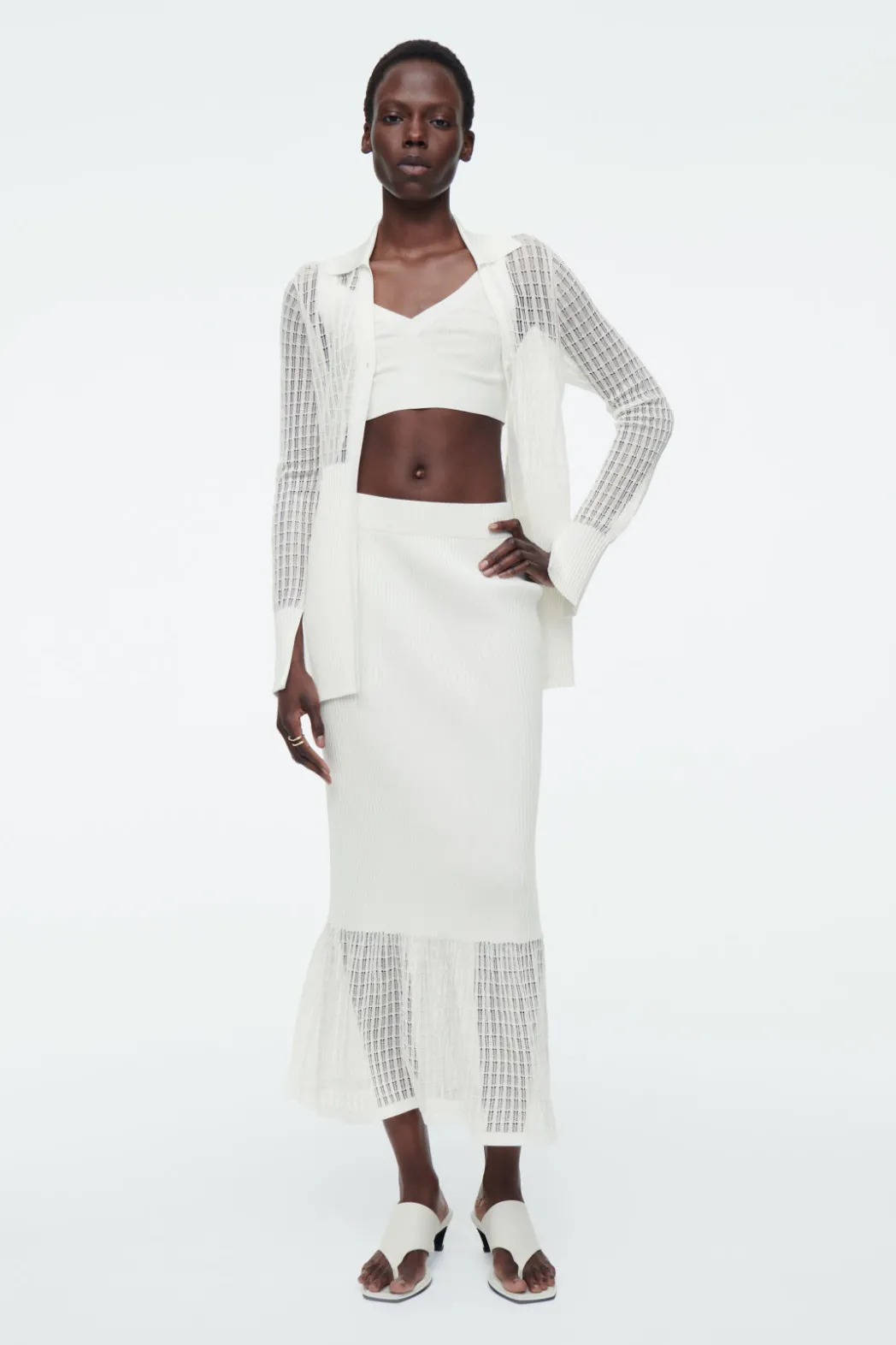 COS LACE-STITCH RIBBED-KNIT MIDI SKIRT IVORY