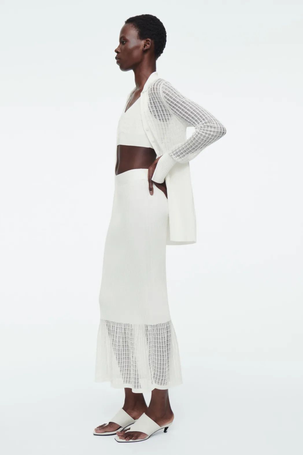 COS LACE-STITCH RIBBED-KNIT MIDI SKIRT IVORY