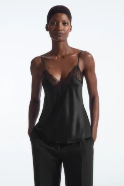 Hot COS LACE-TRIMMED SILK CAMI TOP BLACK