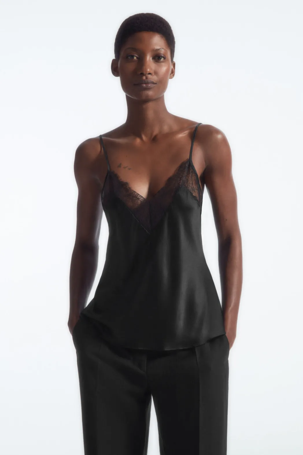 Hot COS LACE-TRIMMED SILK CAMI TOP BLACK